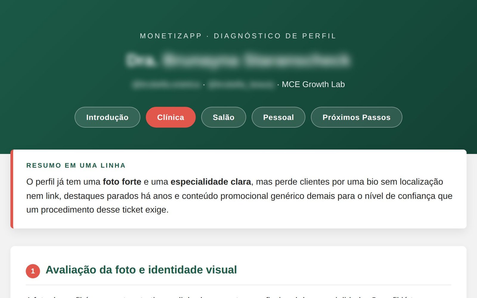 Trecho de um diagnóstico: resumo em uma linha e início do pilar de identidade visual