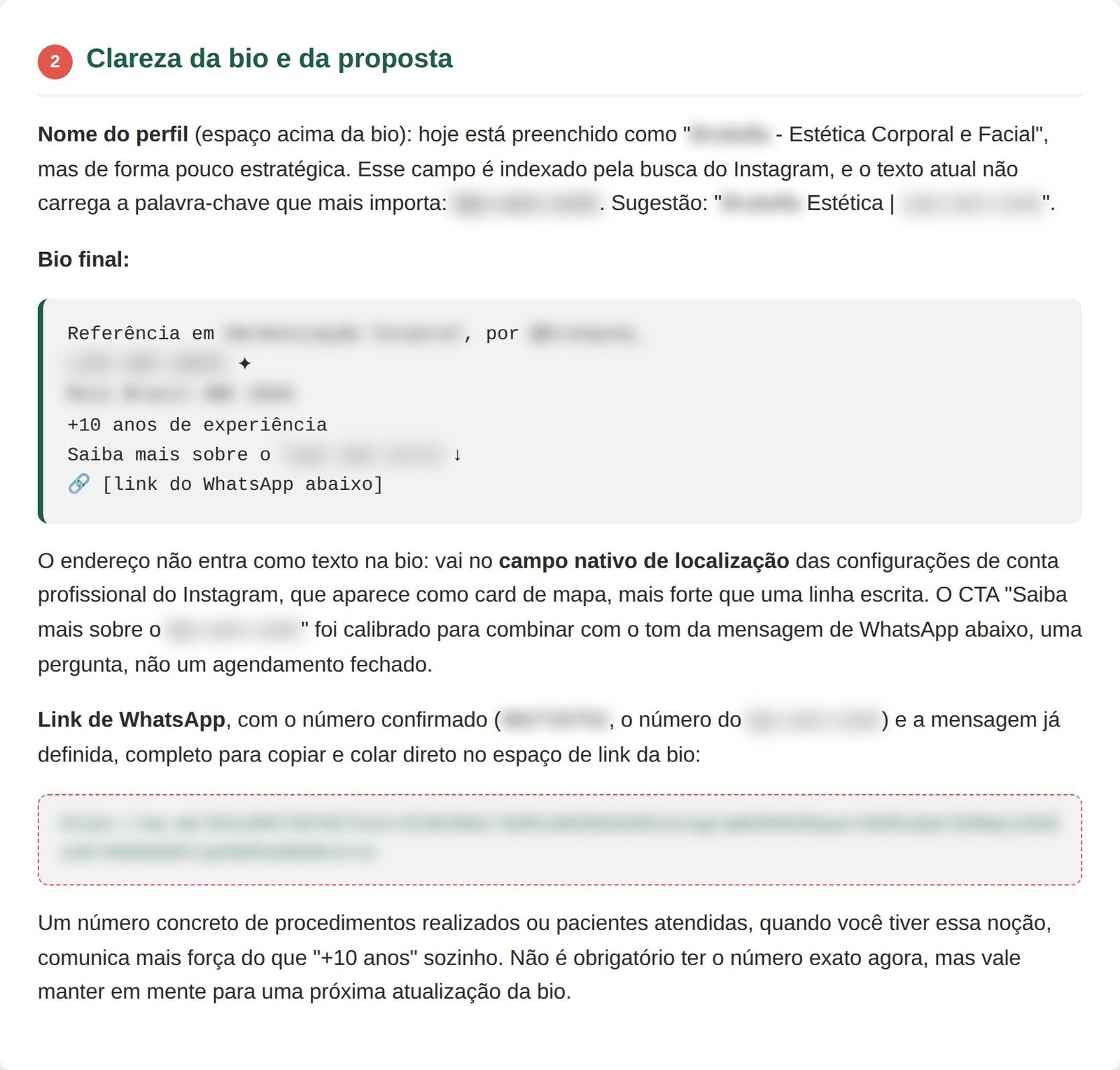 Trecho de um diagnóstico: sugestão de bio e link do WhatsApp