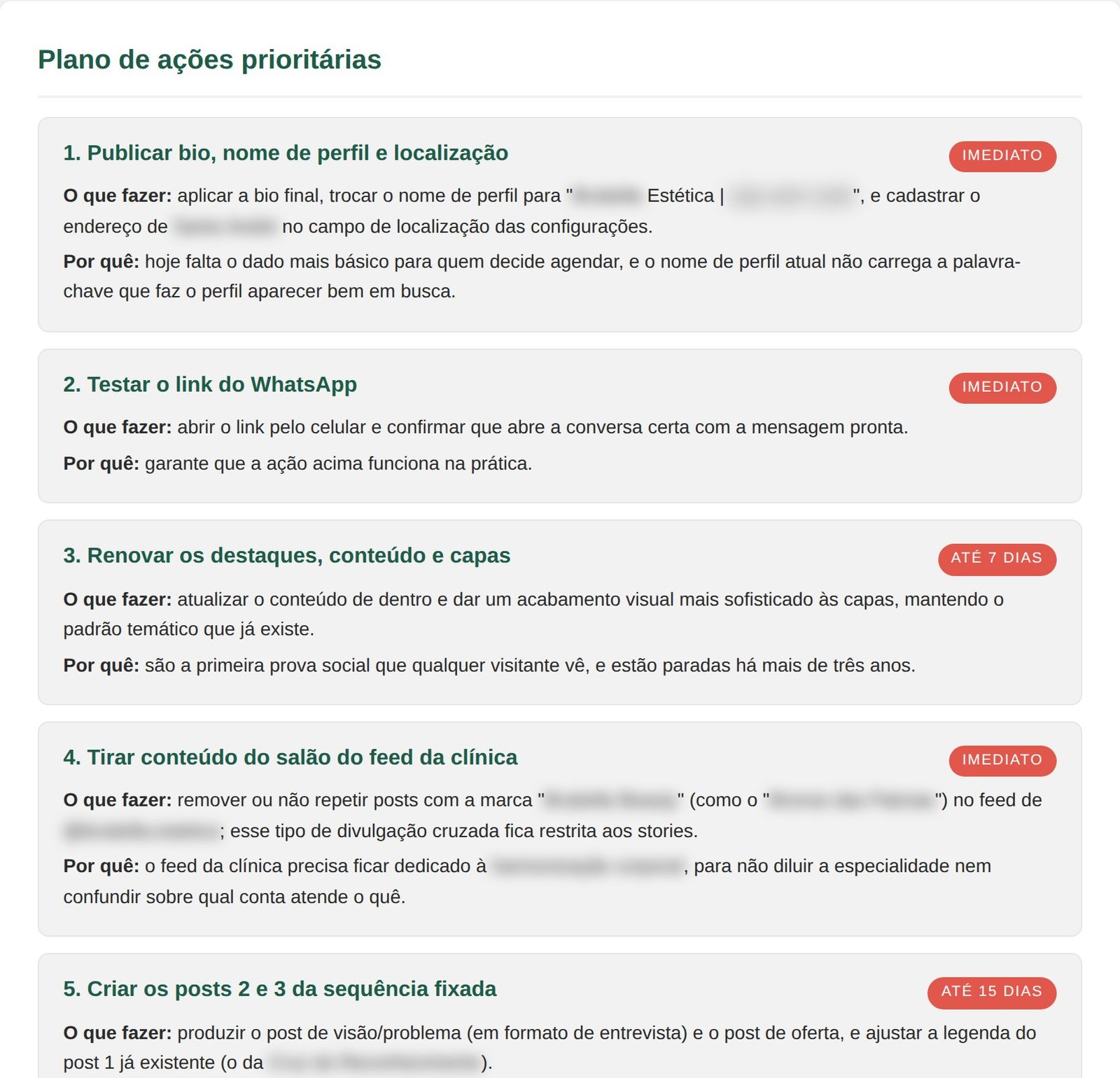 Trecho de um diagnóstico: plano de ações prioritárias com prazos
